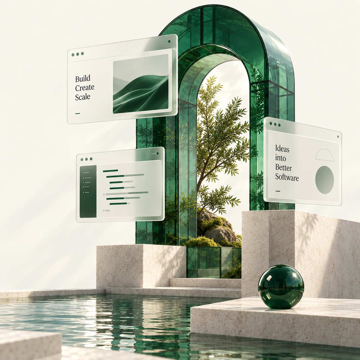 Emerald glass arch with floating web interfaces, greenery and reflecting water